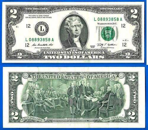 USA 2 Dollars 2009 Mint San Francisco L12 Suffix A Prefix L Dollars United States of America