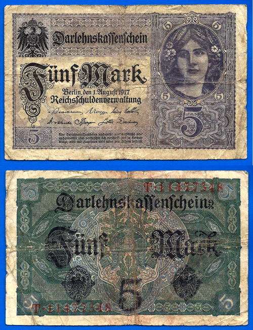 Germany 5 Mark 1917  Marks 8 Digit Number Europe Banknote