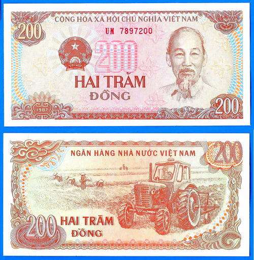 Vietnam 200 Dong 1987 Prefix UM Farmer Tractor Asia Banknote