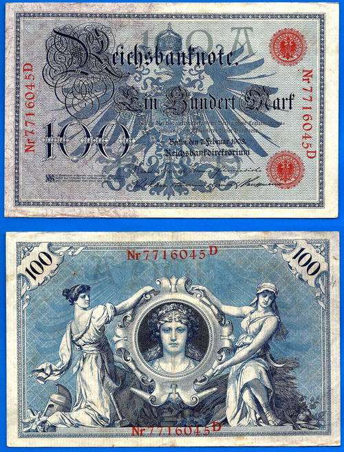Germany 100 Mark 1908 Red Number ReichBanknote Marks Great Banknote Europe Banknote