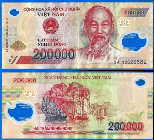 Vietnam 200000 Dong 2010 Prefix SA Boat Asia Polymer Banknote