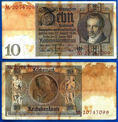 Germany 10 ReichsMark 1924 1929 Reichsbanknote Mark