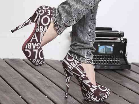 Letters Printed High Heels Brown ( Size 4 - 6 )