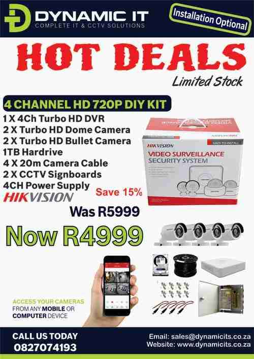 4CH HIKVISION 1MP CAMERA SYSTEM FOR ONLY R4999