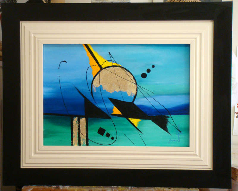 `OIL ABSTRACT FRAMED  -WITH GENUINE GOLD LEAVE - Painted by Yvonne Carola-Pearce