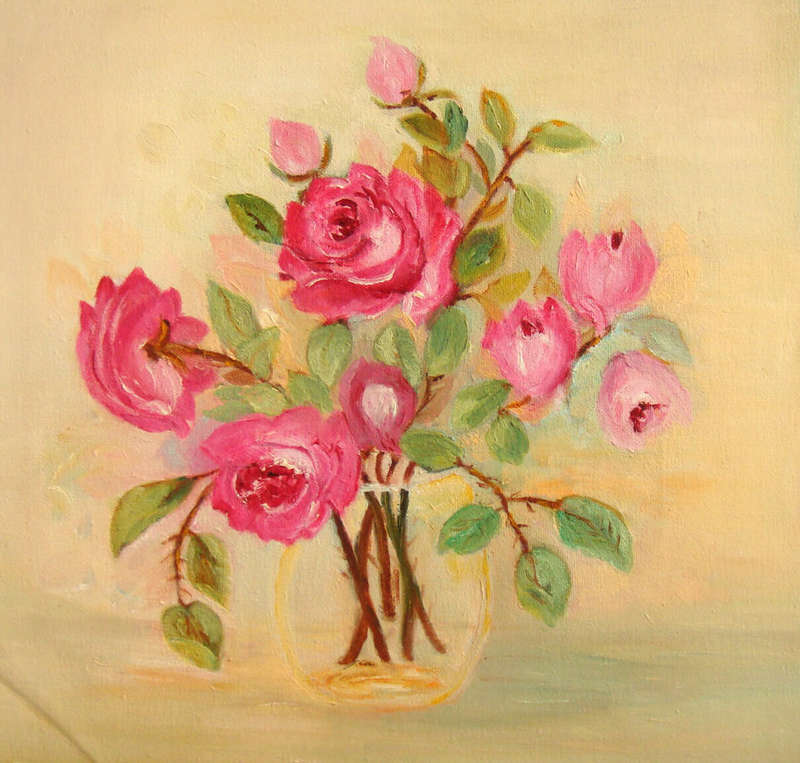 ROSES IN VASE  -  Oil Painting  -  NOT SIGNED - SIZE 330MM X 320MM  (PLUS AN UNFINISHED PAINTING)