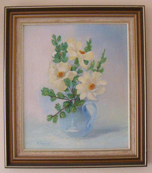 -  FRAMED -  `Blue Vase`  Original Oil Painting by A. Leeferink.. Size 475mm x 395mm.