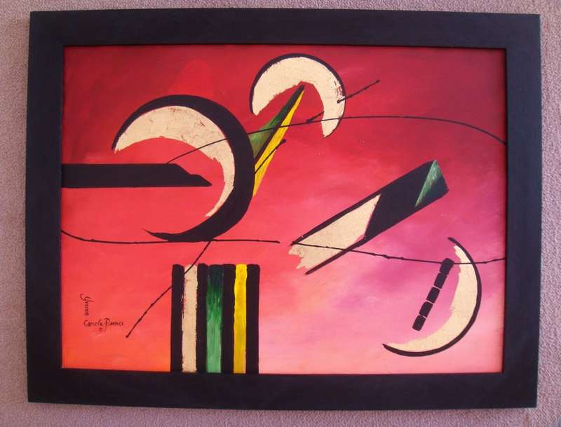 BEAUTIFULLY FRAMED ABSTRACT WITH GOLD LEAVE -  BY  YVONNE CAROLA-PEARCE  - APROX SIZE 650mm x 500mm
