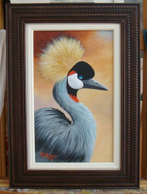 `CROWNED CRANE`  - BEAUTIFULLY FRAMED - by Yvonne Carola-Pearce - ORIGINAL OIL - SIZE 660mm x 470mm