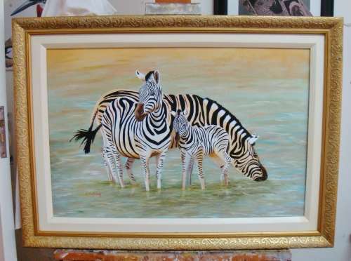 ZEBRA FAMILY  -  BEAUTIFULY FRAMED OIL - ORIGINAL !!  by   C. LEEFERINK - Size 920mm x 620mm