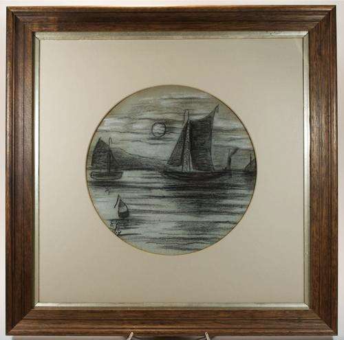 1907 Original charcoal drawing - quality heavy wooden frame - 43.5 X 43.5 cm EDITH CHOESTON