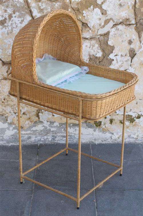 Vintage CANE DOLL'S CRIB on stand - crib is 39cm wide, 53cm long and total height is 89 cm