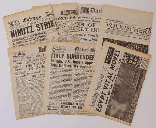 Seven WORLD WAR II newspapers incl GERMAN - reprints done for collectors - very interesting!!