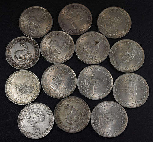 LATE ENTRY Fourteen SA 5 shilling silver coins - different dates - some in very good condition