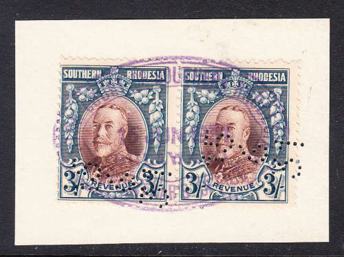 Southern Rhodesia 1931 KG V 3s perfin revenue pair on piece , used     ( BF 9 , CV £30 )