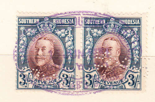 Southern Rhodesia 1931 KG V 3s perfin revenue pair on piece , used     ( BF 9 , CV £30 )