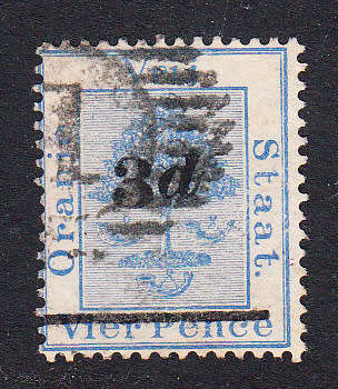 Orange Free State 1882 3d on 4d (type b) , used      (SACC 22 , CV , R270)