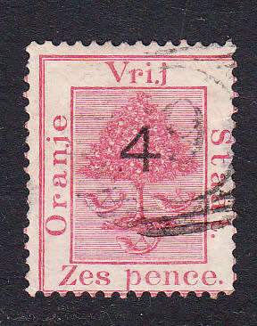 Orange Free State 1877 4d on 6d (type b) , used    ( thinning , SACC 7, CV R3000)