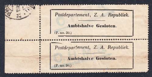 Transvaal  (ZAR) Ambtshalve gesloten postal receipt pair , used