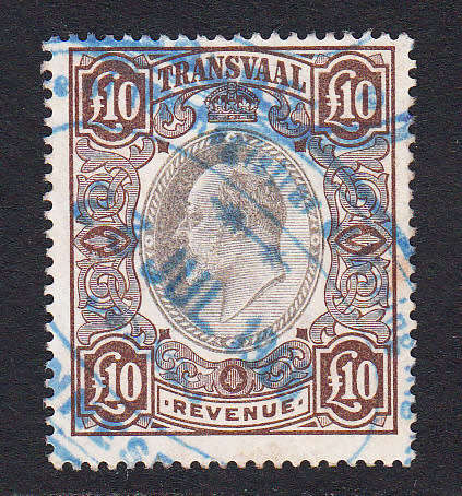 Transvaal  1902 KE £10 revenue , used       (BF 100 , CV £75)