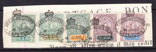 Cape of Good Hope 1898 1s,5s,10s,£2,£5 revenues used on piece      (BF 131,135,137,140,142 , CV £58)