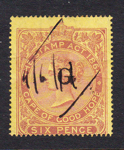 Griqualand West 1876 QV 6d brown yellow overprinted revenue , used         (crease,BF 40 , CV £20) )
