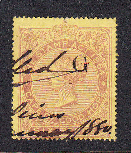 Griqualand West 1876 QV 6d brown yellow overprinted revenue , used           (BF 40 , £20) )