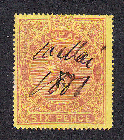 Griqualand West 1876 QV 6d brown yellow overprinted revenue , used (BF 40 , £20) )