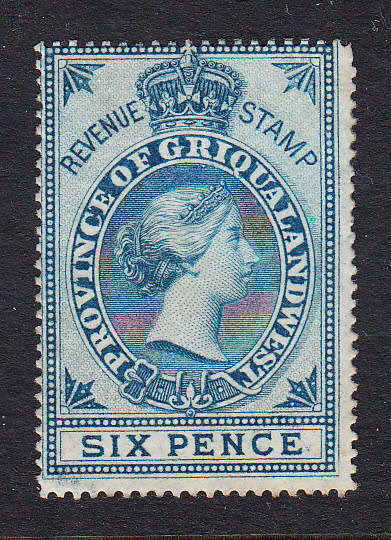 Griqualand West 1879 QV 6d blue revenue , used    ( BF 62, CV £15)