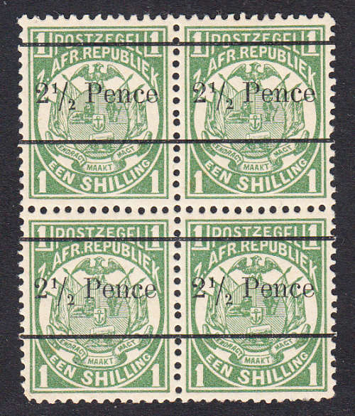 Transvaal 1893 2 1/2d surcharged on 1s B4 , MNH & MLH       (SACC 202 )