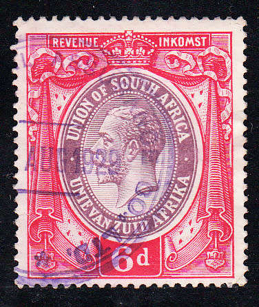 Union of South Africa 1913 KG V 6d red revenue , used
