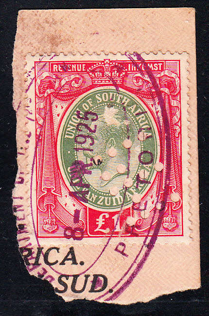 Union of South Africa 1913 KG V £1 red OFFICIAL punched revenue used on piece  (BF 12)