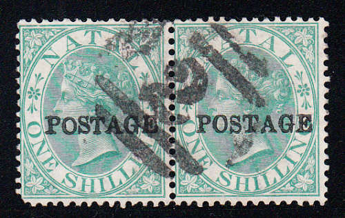 Natal 1876 QV 1s green pair overprinted POSTAGE (CC), used       (SACC 83 , CV R220)