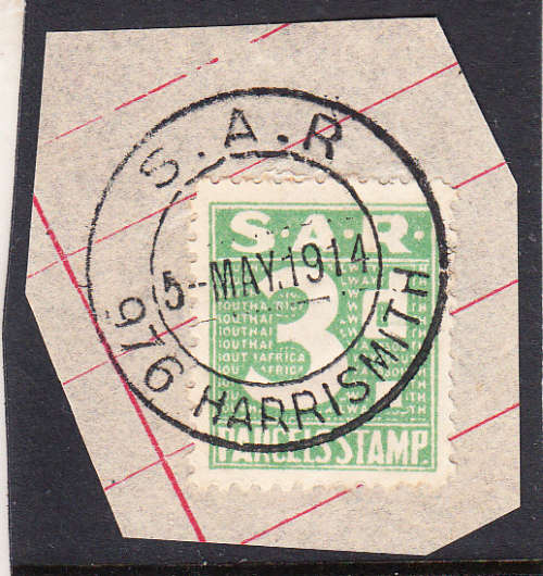 South African Railways 1914 3d prepaid parcel stamp used on piece