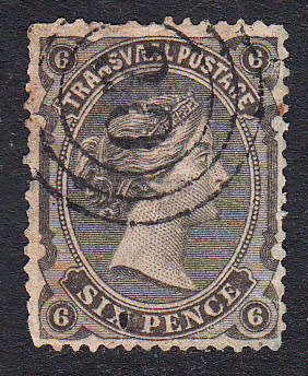 Transvaal 1878-80 QV 6d olive black , used             ( hole at bottom , SACC 163 , CV R150)