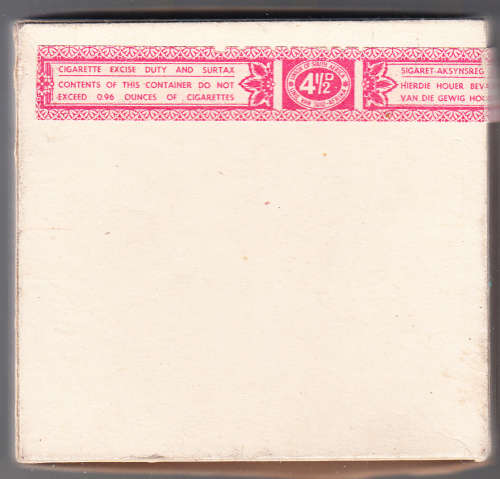 Union of South Africa 4 1/2d Cigarette Tax revenue label on Government House cigarette box