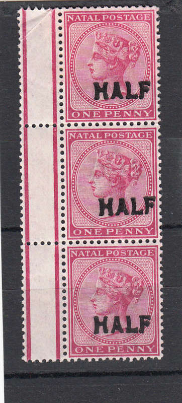 Natal 1895 QV 1d rose marginal strip of 3 , M/H  (creases )