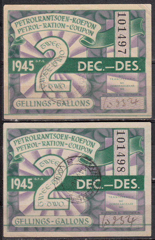 Union of South Africa 2 gallon petrol ration coupons , cancelled in Windhoek SWA