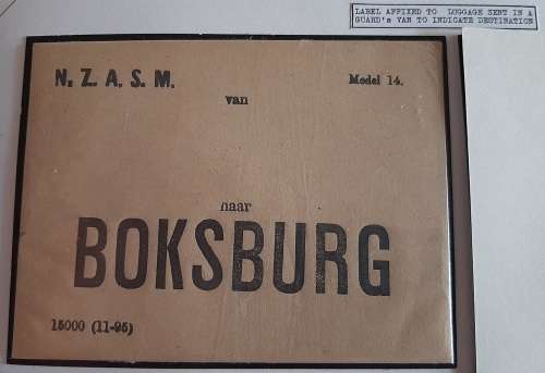 South Africa Railway NZASM BOKSBURG luggage label