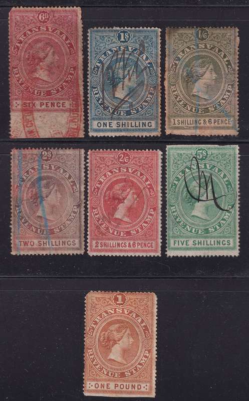 Transvaal 1878-84 QV Bourne heads part revenue set, used      (note watermarks)