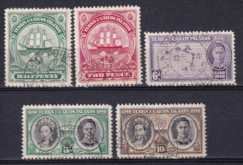 Turks and Caicos Islands 1948 KG VI Centenary part set, used           (SG 210,211,213,215,216,)