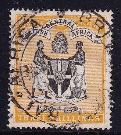 British Central Africa (B.CA.) 1895 3s yellow (No W/M) , used            (SG 27, CV £65 )