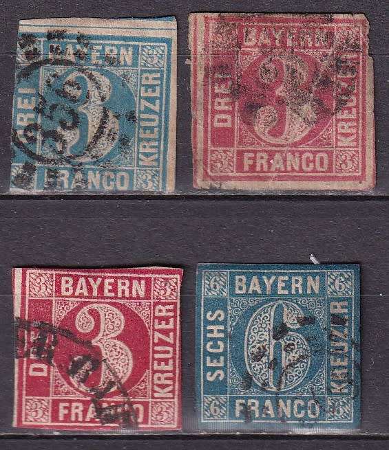 Germany 1850 -62 Bavaria Bayern 3 Fr blue, 3 Fr red, 6 Fr blue Kreuzer , used