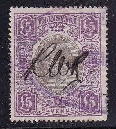 Transvaal 1902 KE £5 violet and grey revenue (CC), used         ( BF 99, £30)