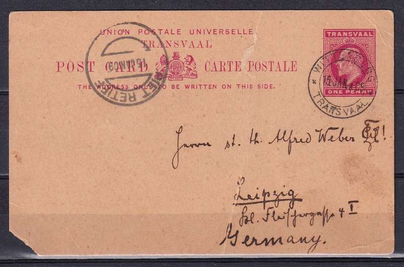 Transvaal 1909 Post card with WITTENBERG to Piet Retief post marks      (tear)