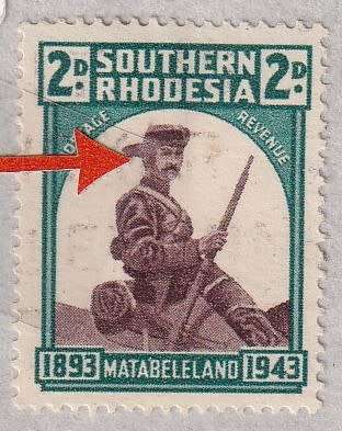 Southern Rhodesia 1943 2d with VARIETY DAMAGED EAR, used       ( SACC 63b,  CV R200)