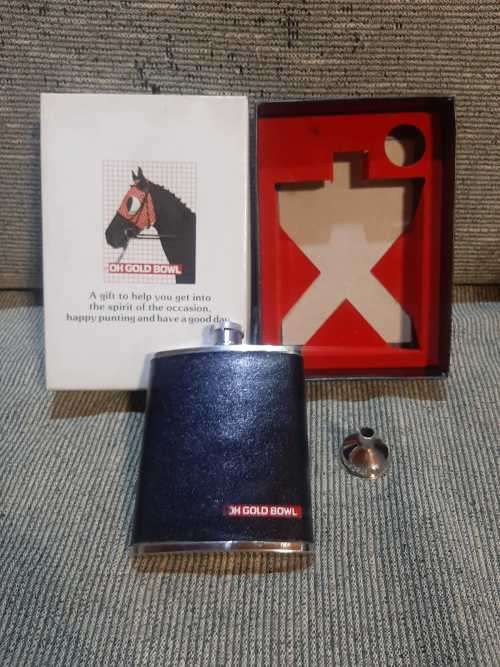 OK Gold Bowl hip flask.  Horse racing gift