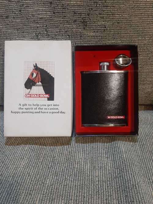 OK Gold Bowl hip flask.  Horse racing gift