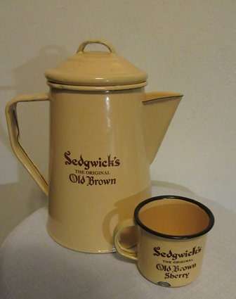 Vintage Enamel Sedgwicks The Original Old Brown Sherry Coffee Pot With Matching Enamel Cup