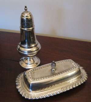 Silver Plated Sugar Castor & Butter Dish with Glass Inlay